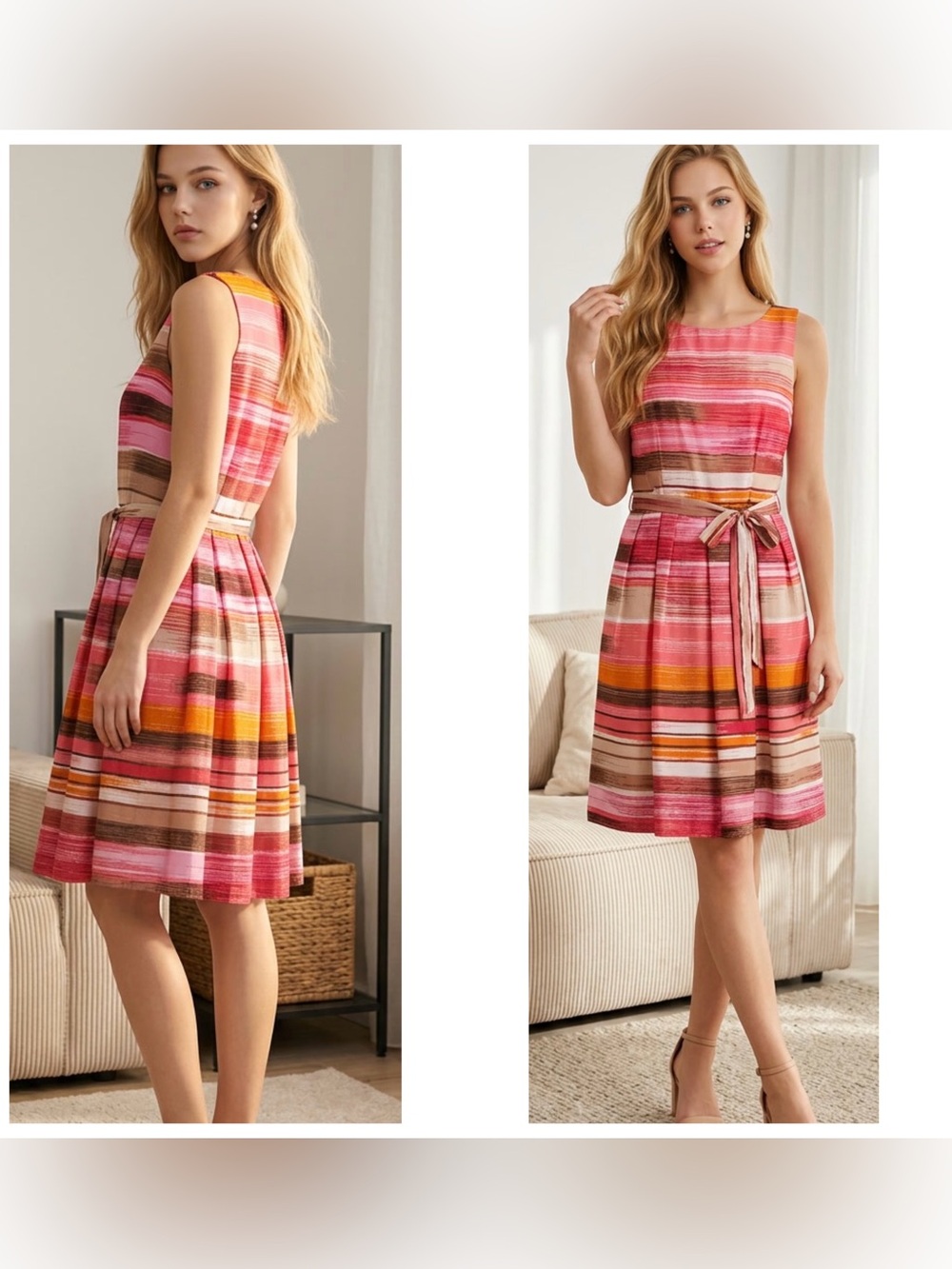 Rabbit Rabbit Rabbit Women Sz 12 Sleeveless Striped Midi Dress Pink, Coral & Tan